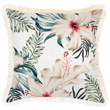 Tropical floral cushion cover with coastal fringe 45x45cm (Noumea print)
