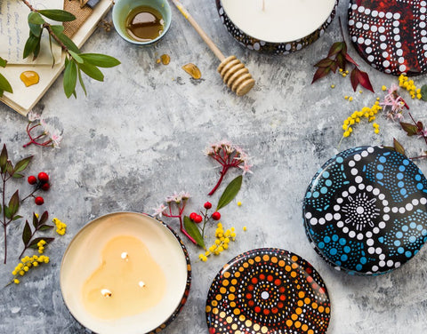 Keiora candle with Aboriginal artwork tin